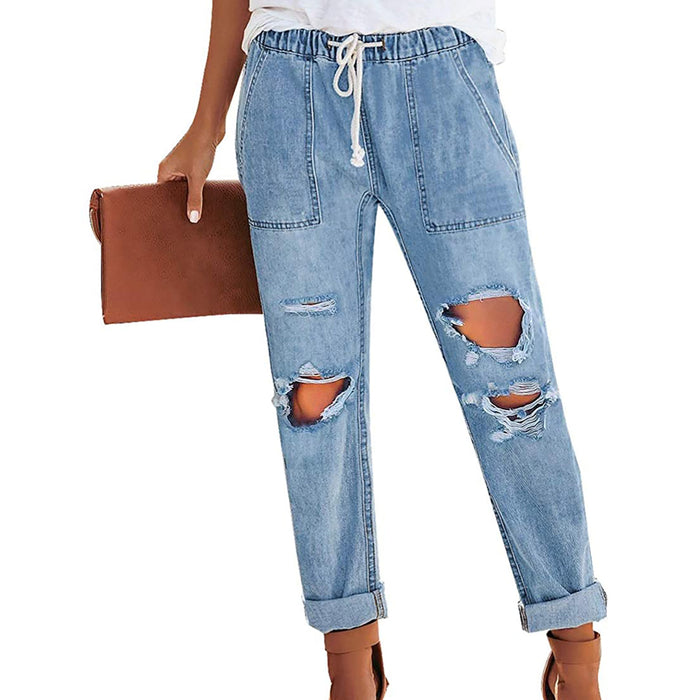 Frame Classic Elastic Drawstring Ripped Jeans Women