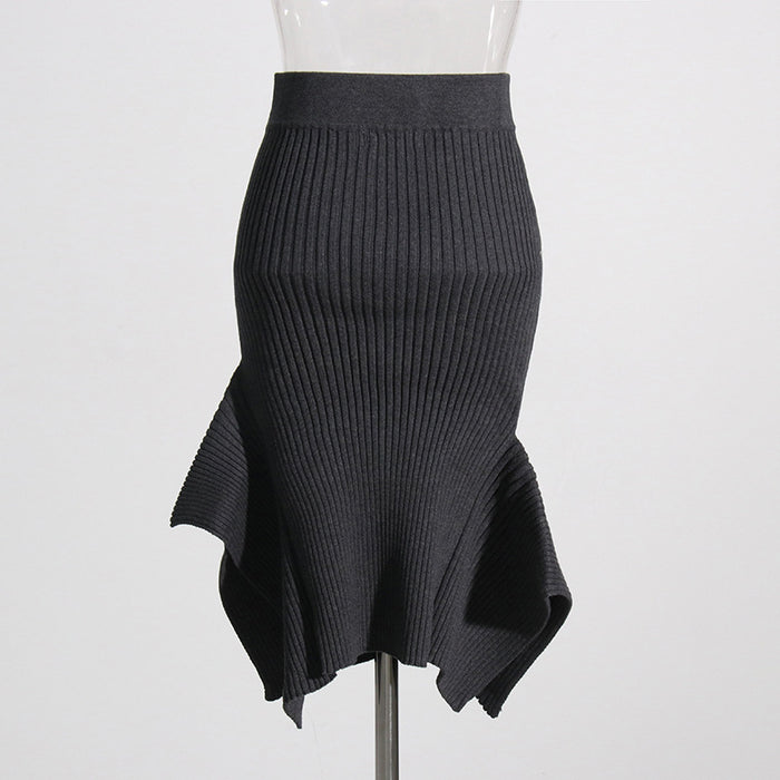 Solid Color Stitching Irregular Asymmetric Autumn Winter Knitted Sheath Fishtail Skirt