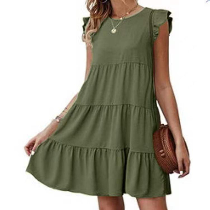 Summer Solid Color round Neck Short Sleeves Dress Casual Tiered Dress Pleated Large Swing Dress