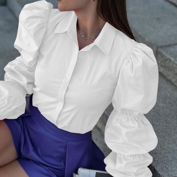 Fall Women Clothing Elegant Loose Long Sleeve Polo Collar Solid Color Cotton Linen Shirt