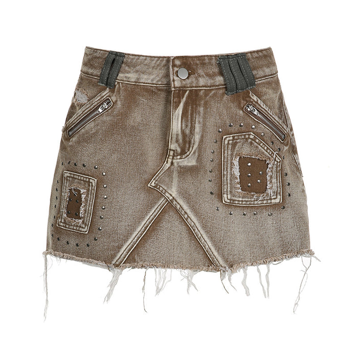 Retro Waste Soil Abstract Printing Split Stitching Rivet Denim Skirt Personality High Waist Raw Hem Short Skirt