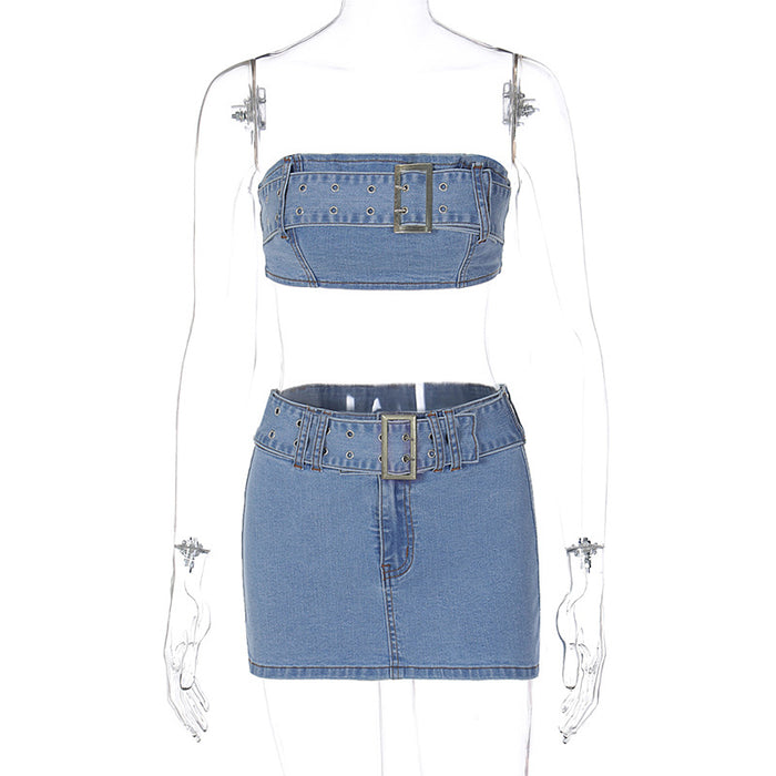 Women  Clothing Summer Sexy Denim Bandeau Slim Fit Skirt Set