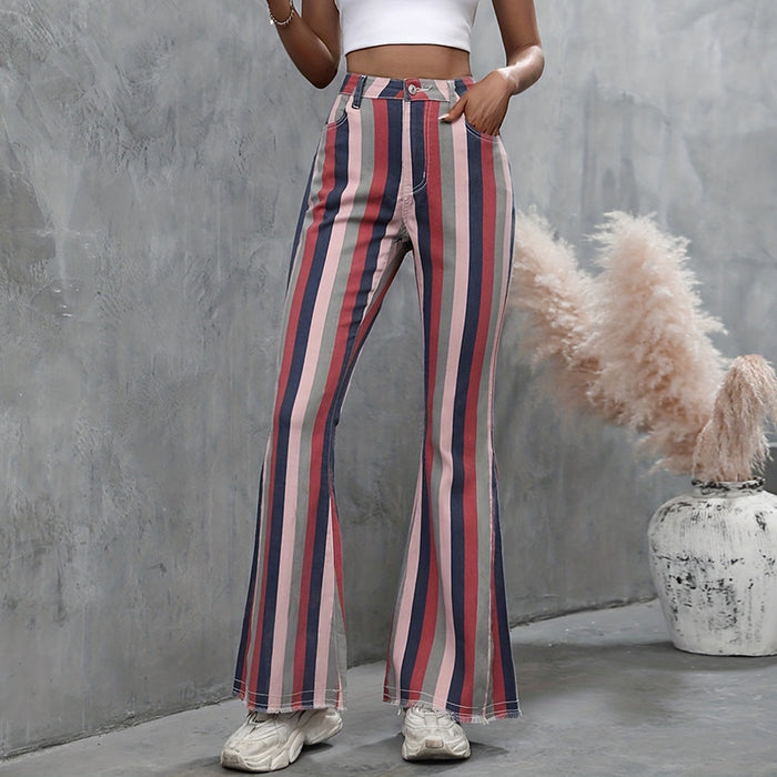 Autumn Vintage Stripe Slightly Flared Jeans Women High Waist Slimming Sense of Design Casual Trousers