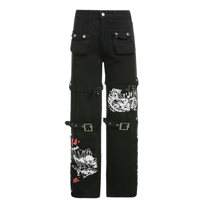 Street Cool Early Autumn Printed Metal Buckle Denim Draped Pants