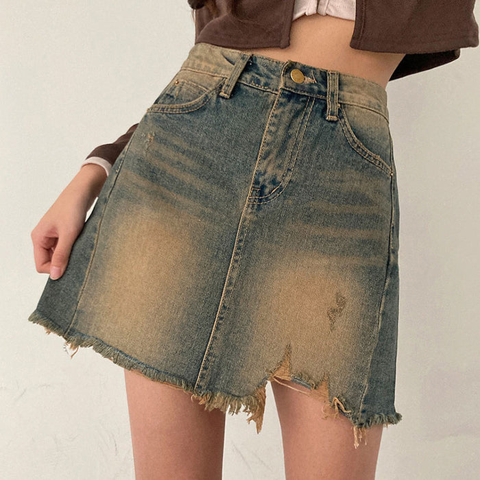 Spring Street Retro Worn Looking Washed-out Frayed Denim Skirt High Waist Slimming Sexy A  line Skirt