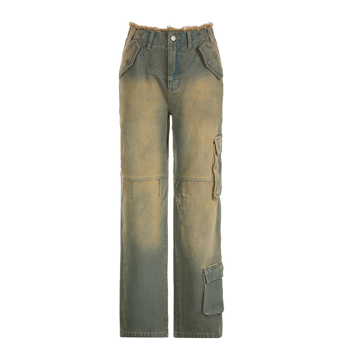 Retro Worn Looking Washed out Low Waist Loose Pockets Stitching Edging Jeans Street Snap Straight Casual Pants