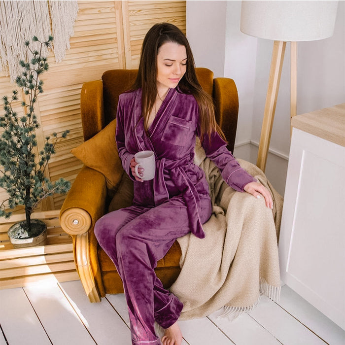 Autumn Winter Ladies Homewear Long Sleeve Nightgown Gold Velvet Suit Cardigan Thickened Warm Pajamas