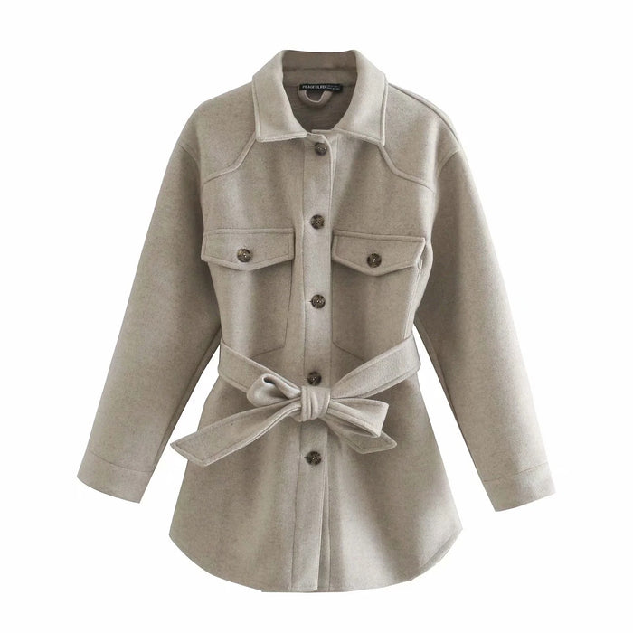 Fall Lapels Single Breasted Belt Waist Slim Mid Length Woolen Coat Top Women