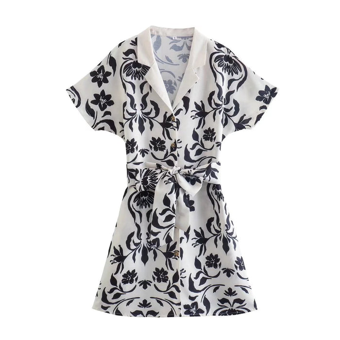 Summer Wind Women Suit Collar Short Sleeve Printed Dress