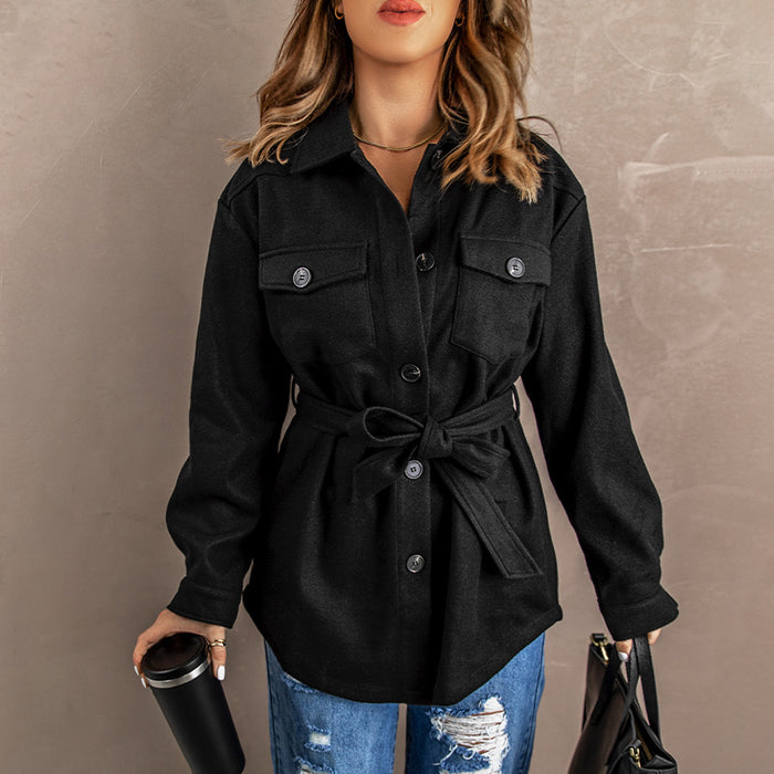 Lace-up Trench Coat Jacket Winter Solid Color Polo Collar Mid-Length Coat