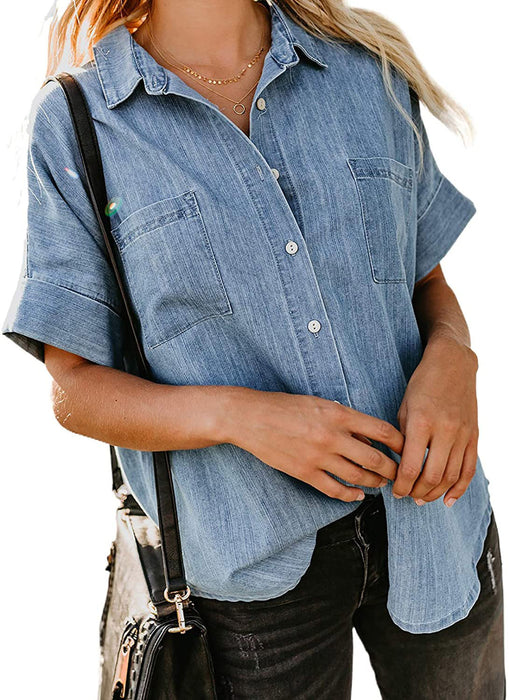 Spring Summer Short Sleeve Straight Leg Denim Shirt Women Loose Top Women