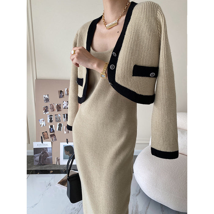 Fragrant Dress Knitted Cardigan Two Piece Set Autumn Winter Gentle Slim Fit Suit