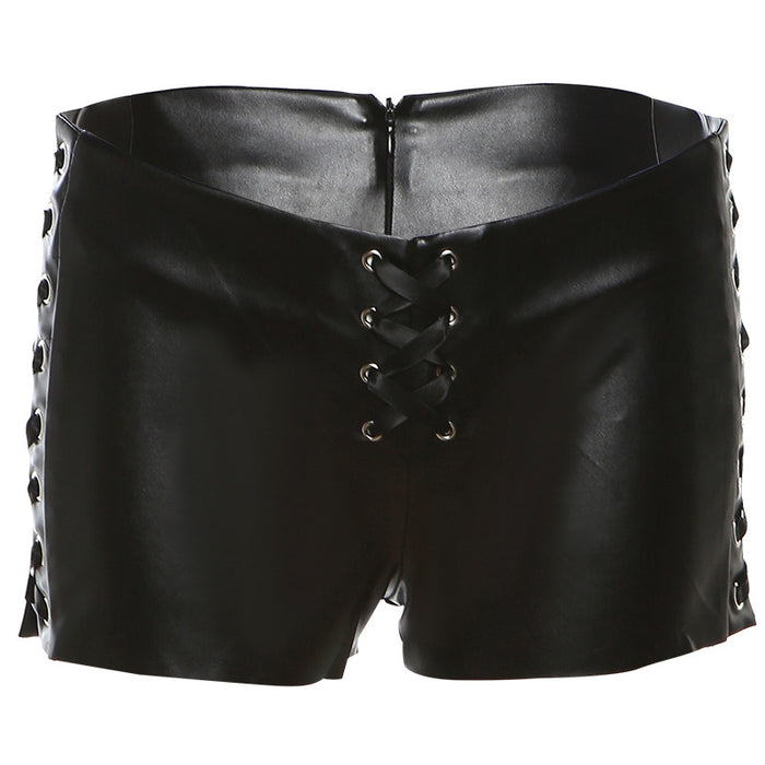 Summer Trends Women Low Waist Straight Drawstring Slim Fit All Match Faux Leather Shorts