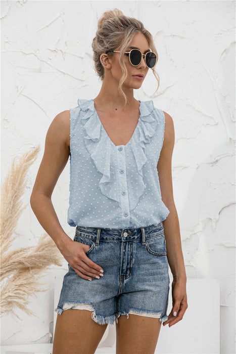 Spring Summer Sexy V-neck Ruffled Spaghetti Straps Button Shirt