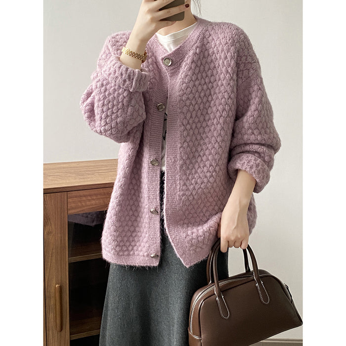 Pineapple Plaid Cardigan Sweater Women Autumn Winter Loose Lazy Knitted Top