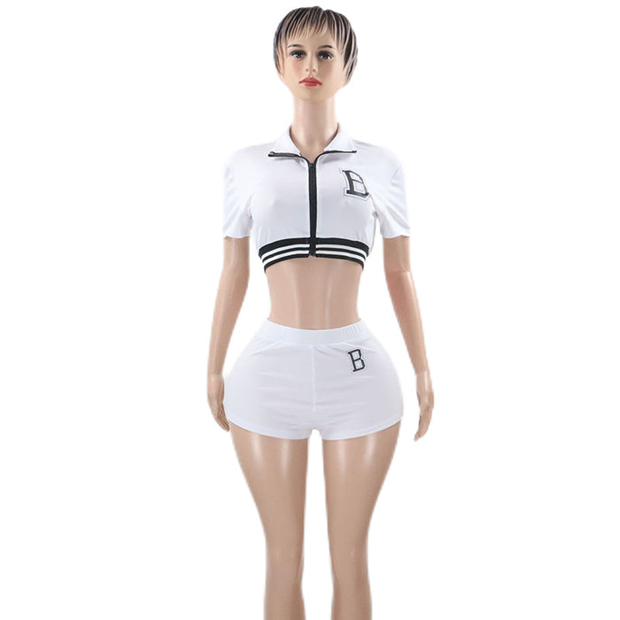 Two Piece Set Polo Collar Cardigan Top Pants Sexy Office Varsity Jacket Zipper T Shirt Women Street