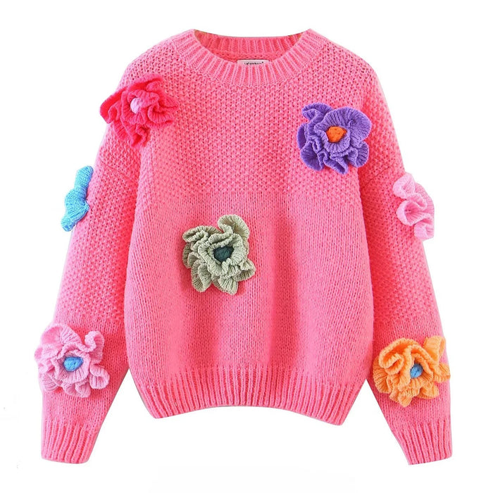 Handmade Three-Dimensional Sweet Cute Floral Crew Neck Pullover Sweater Women