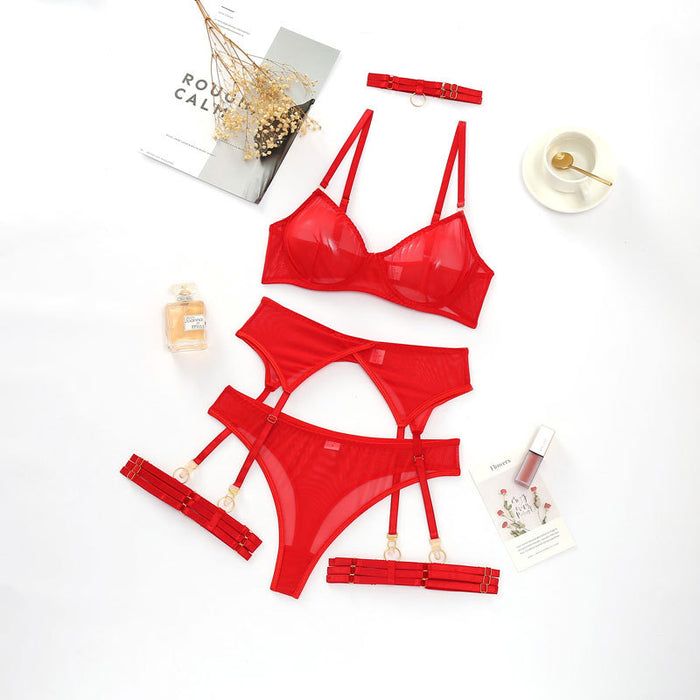 Summer New Women Fashion Sexy Underwear Mesh Comfortable Slimming Push up Four Piece Set with Steel Ring