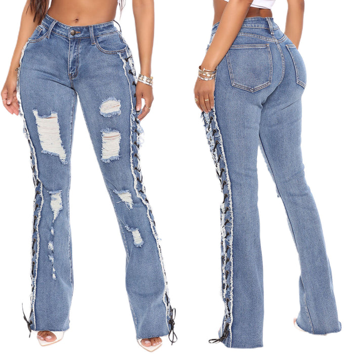 Women Clothing Eyelet Rope High Elasticity Sexy Slim Ripped Denim Trousers