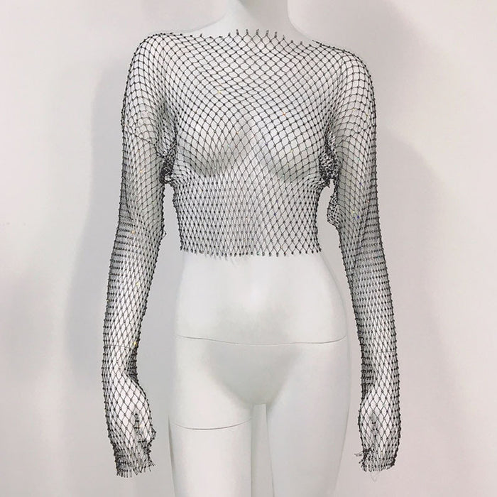 Fishnet T shirt Mesh Rhinestone Long Sleeved Top Sexy Rhinestone Fishnet Clothes Women