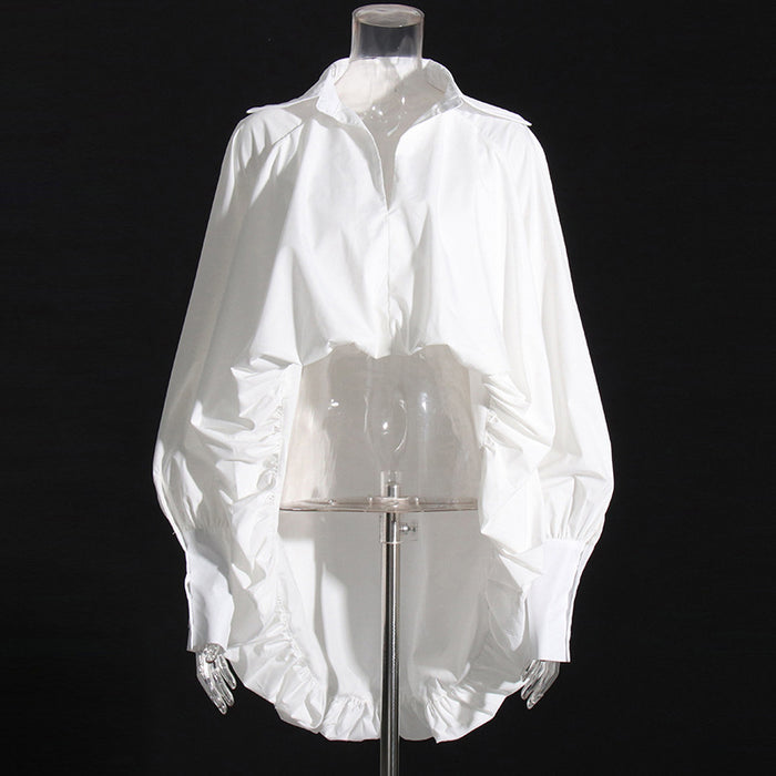 Super Fairy High Low Top Autumn Polo Collar Lantern Sleeve Stitching Shirt Women