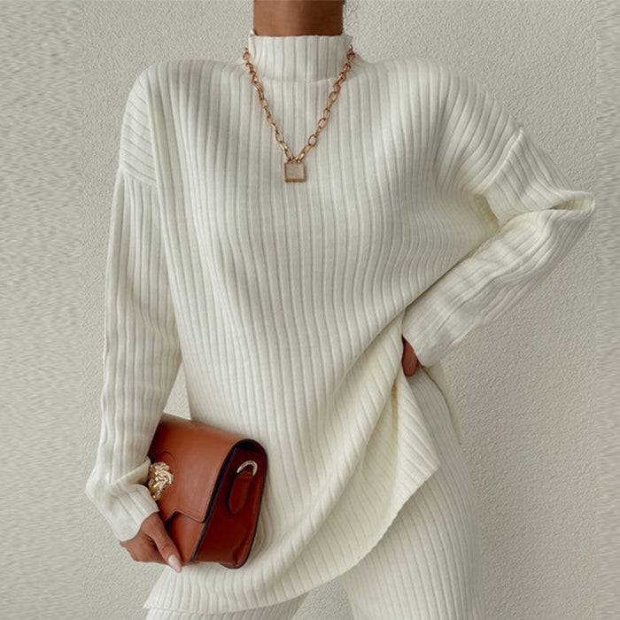 Two Piece Set Fashionable Casual Figure Flattering Half High Collar Long Sleeves Solid Color Knitting Women