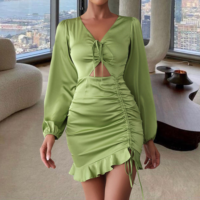 Women Clothes Sexy V Neck Drawstring Design Multi Color Long Sleeve Sheath Dress