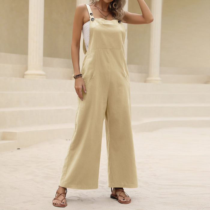 Spring Summer Casual Jumpsuit Solid Color Suspender Trousers