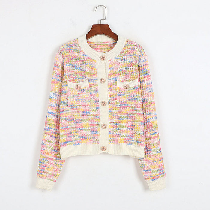 Rainbow Striped Office Sweater Suit Classic Tweed Coat Women Spring Autumn Knitted Cardigan Two Piece Overskirt Suit