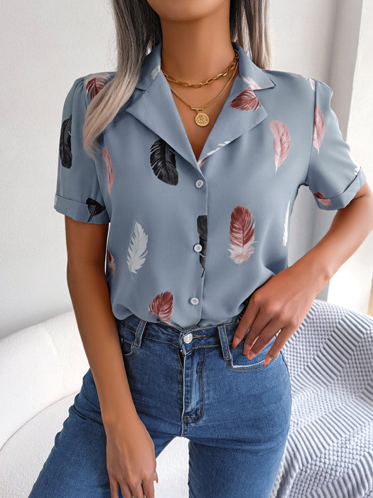 Summer Elegant Collar Feather Loose Short Sleeve Shirt Women Clothing