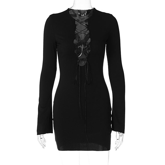 Fall Women Chest Lace up Sexy Low Cut Solid Color Round Neck Long Sleeve Narrow Dress