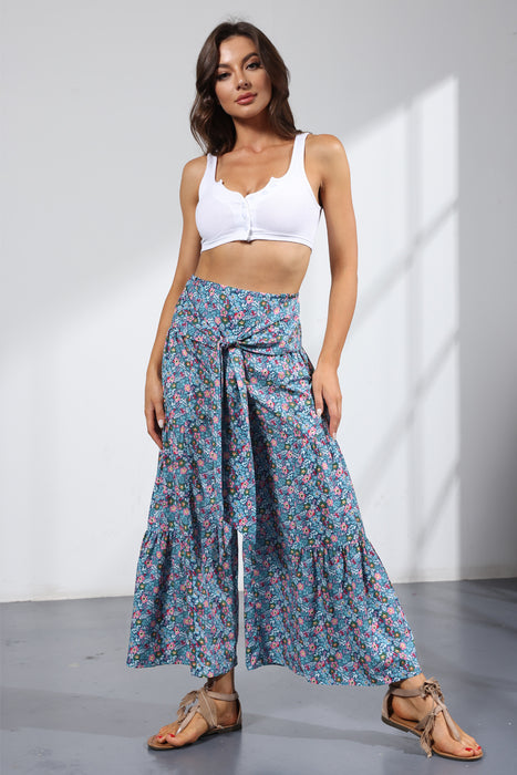 Summer New Digital Printing Women Clothing Loose Casual Cropped Pants Beach Wide-Leg Pants Lace-up Pants