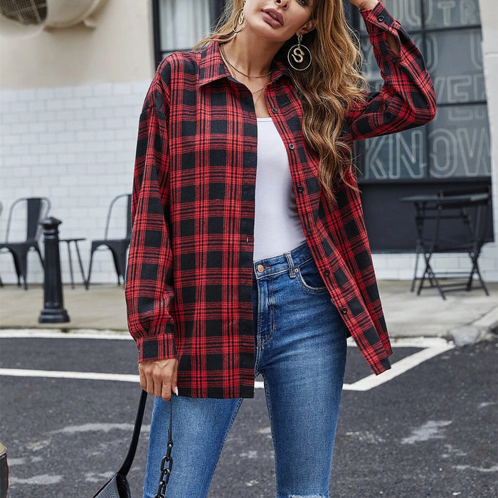 Spring Summer New Street Hipster Design Loose Slimming Single Breasted Collared Long Sleeve Plaid  Shirt Outerwear