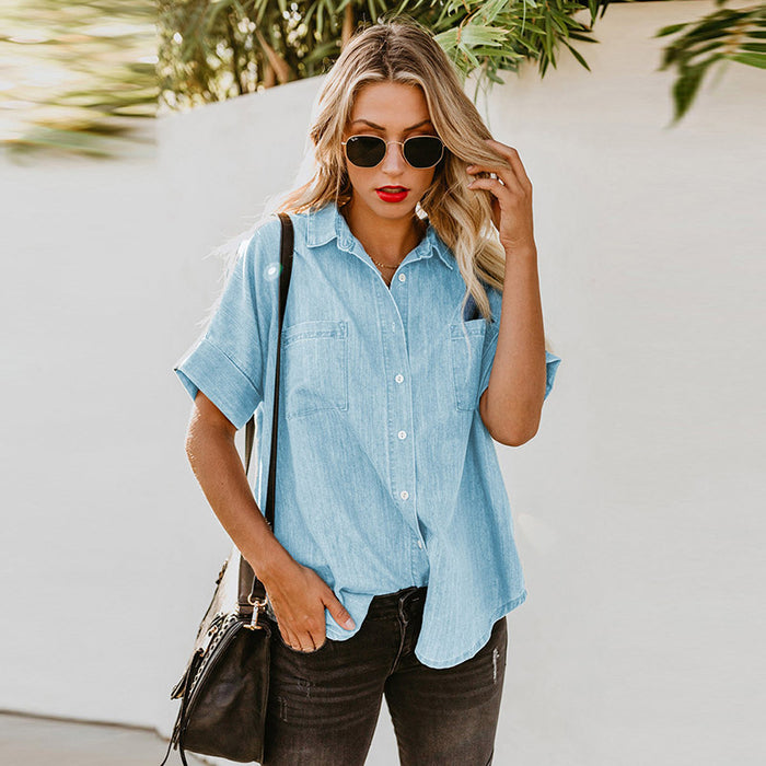 Spring Summer Short Sleeve Straight Leg Denim Shirt Women Loose Top Women