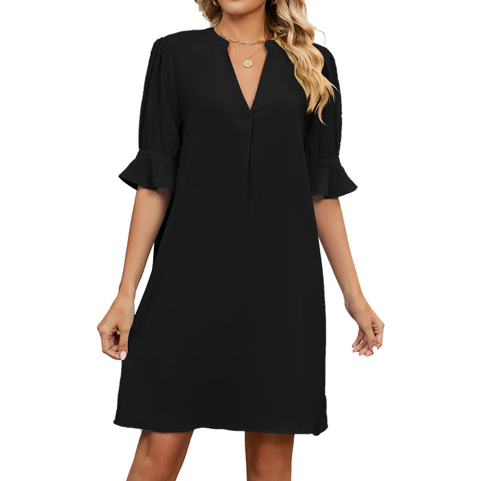 Summer Solid Color V neck Loose Pleated Half Length Sleeve Dress Women