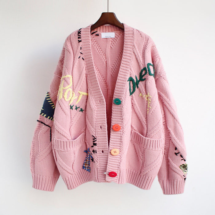 Loose Twist Embroidery Patch Color Button Thickened Knitting Sweater Cardigan Coat Women