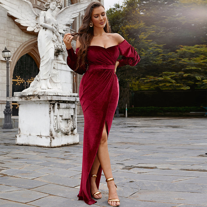 Long Sleeved Elegant Sexy Long Velvet U Neck Cocktail Split Evening Dress Bridesmaid Dress for Women