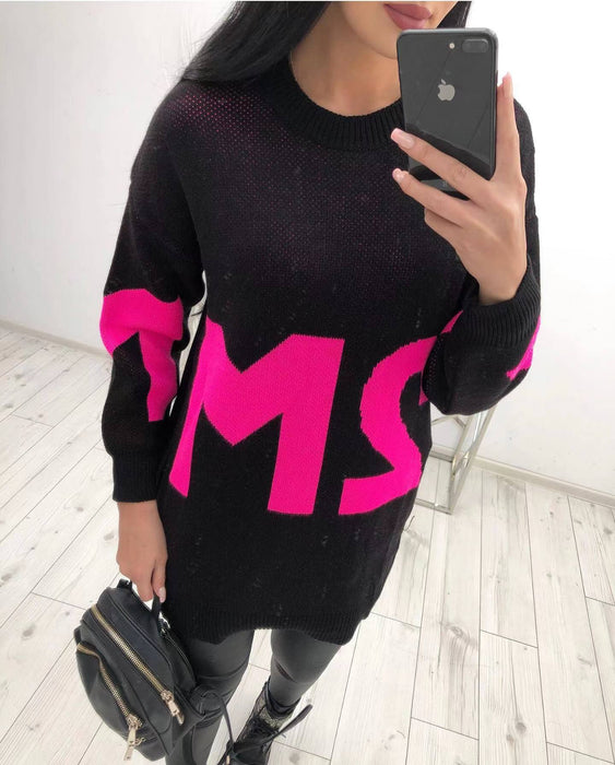 Autumn Winter Popular Loose Letters Contrast Color Jacquard Round Neck Long Sleeve Sweater