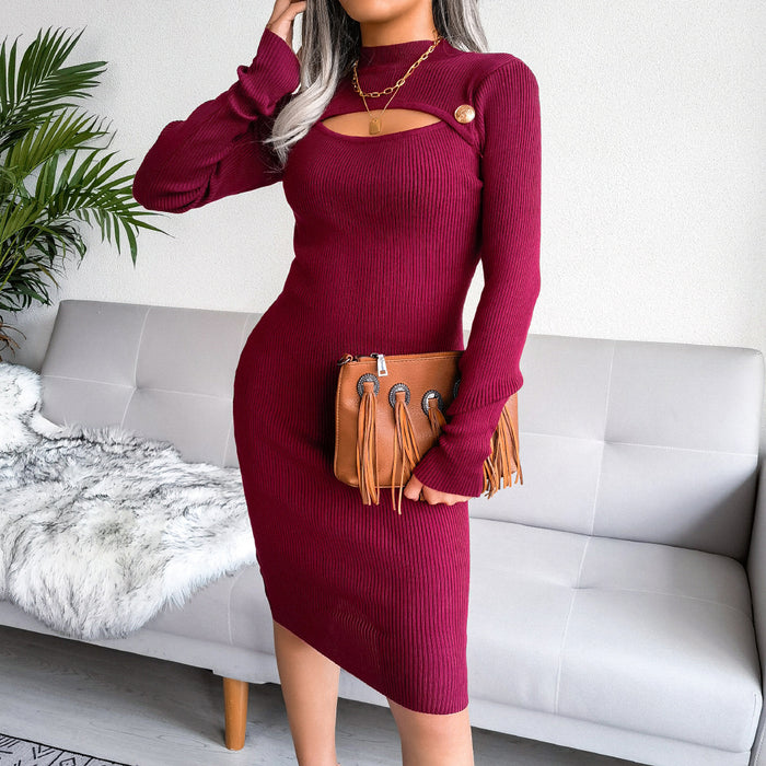 Autumn Winter Sexy Hollow Out Cutout Hip Knitted Dress Women Clothing