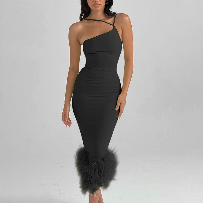 One Shoulder Halter Fur Swing Dress Autumn Sexy Women Clothing Office Slim Fit Maxi Dress Women