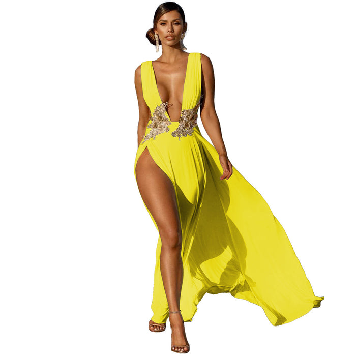 New Ladies Maxi Dress Sexy Fashion Wedding Evening Dress Deep V Plunge Plunge High Slit Part Large Swing Mop Dress