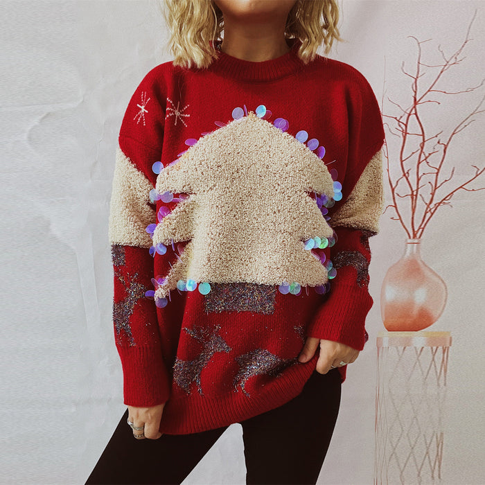 Christmas Holiday Sweater Handmade Sequined Christmas Tree Deer Jacquard Thickened Pullover