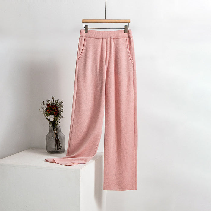 Knitted Trousers Autumn Solid Color Pocket Smart Trousers Women Loose Wide Leg Pants Straight Woollen Trousers Women