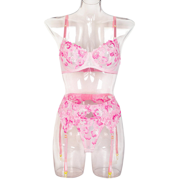 Exquisite Floral Embroidery See-through Sexy Three-Piece Set Sexy Lingerie