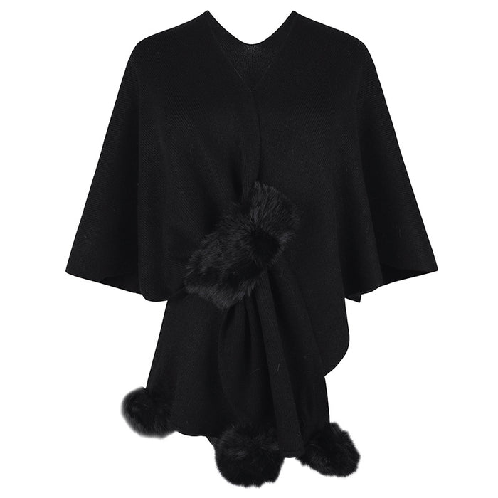 Solid Color Fur Ball Cape Sweater for Women Autumn Winter Women Shawl Knitted Cardigan