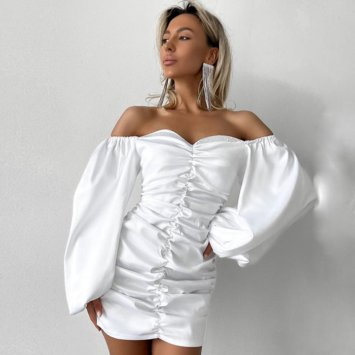 Women  Clothing Winter Sexy off Shoulder Backless Ruffle Hip Long Sleeve Dress