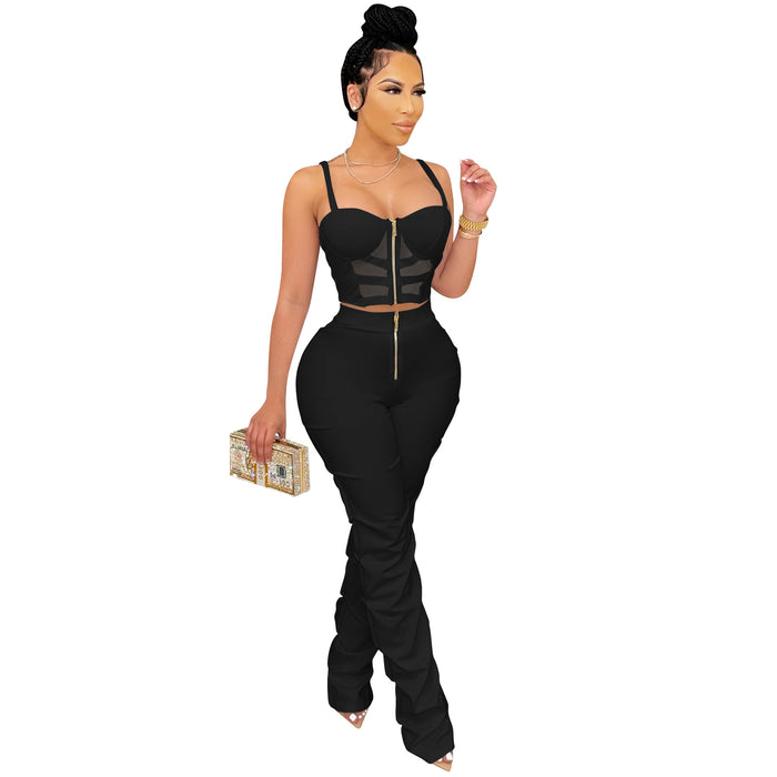 Solid Color Sexy Women Clothing Spaghetti Straps Chest Wrap Zipper Vest Pants Two Piece Set