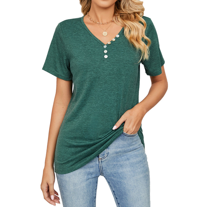 Summer Solid Color Short Sleeve Button Loose Fitting V Neck Top Women T Shirt