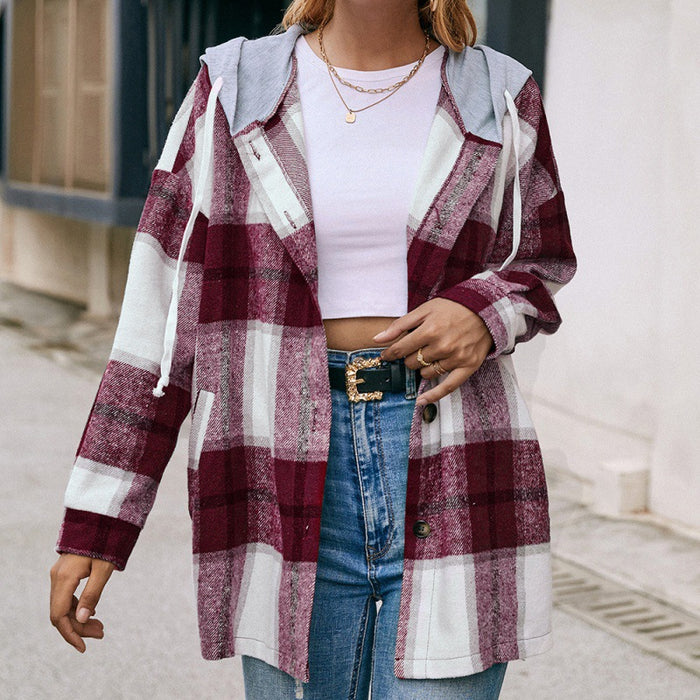 Plaid Shirt Hooded Loose Casual Shacket Jacket Outerwear