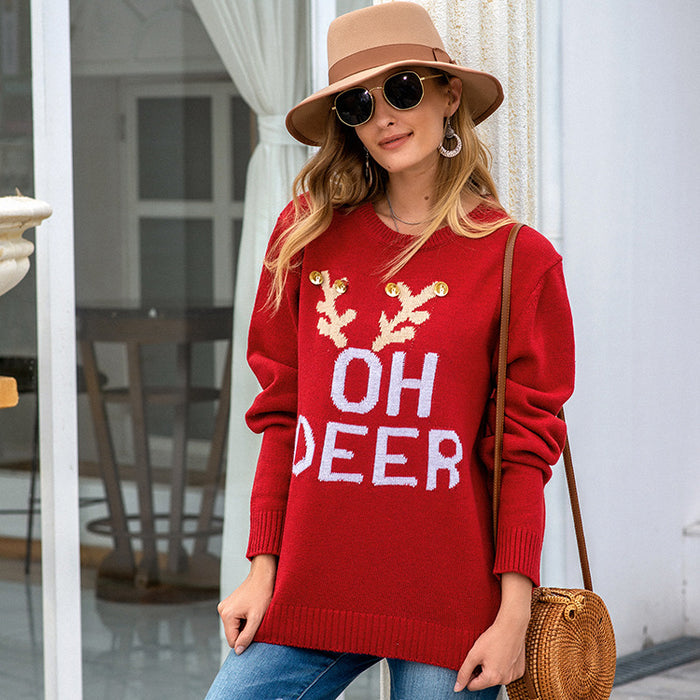 Autumn Winter Sweater Women Christmas Loose Idle Letters Antlers Crew Neck Pullover Sweater